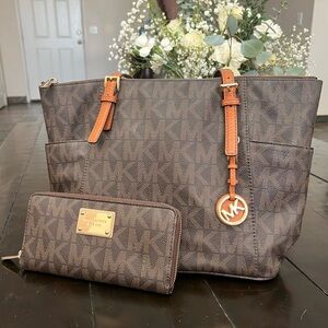 Michael Kors Dark Brown Monogram Jet Set Tote Bag and Matching Wallet Set
